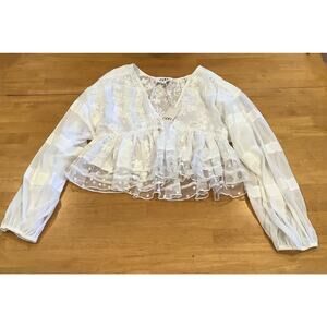 P Cill Cropped Blouse Top Size Small White Embroidered Flowers Lace Sheer NEW